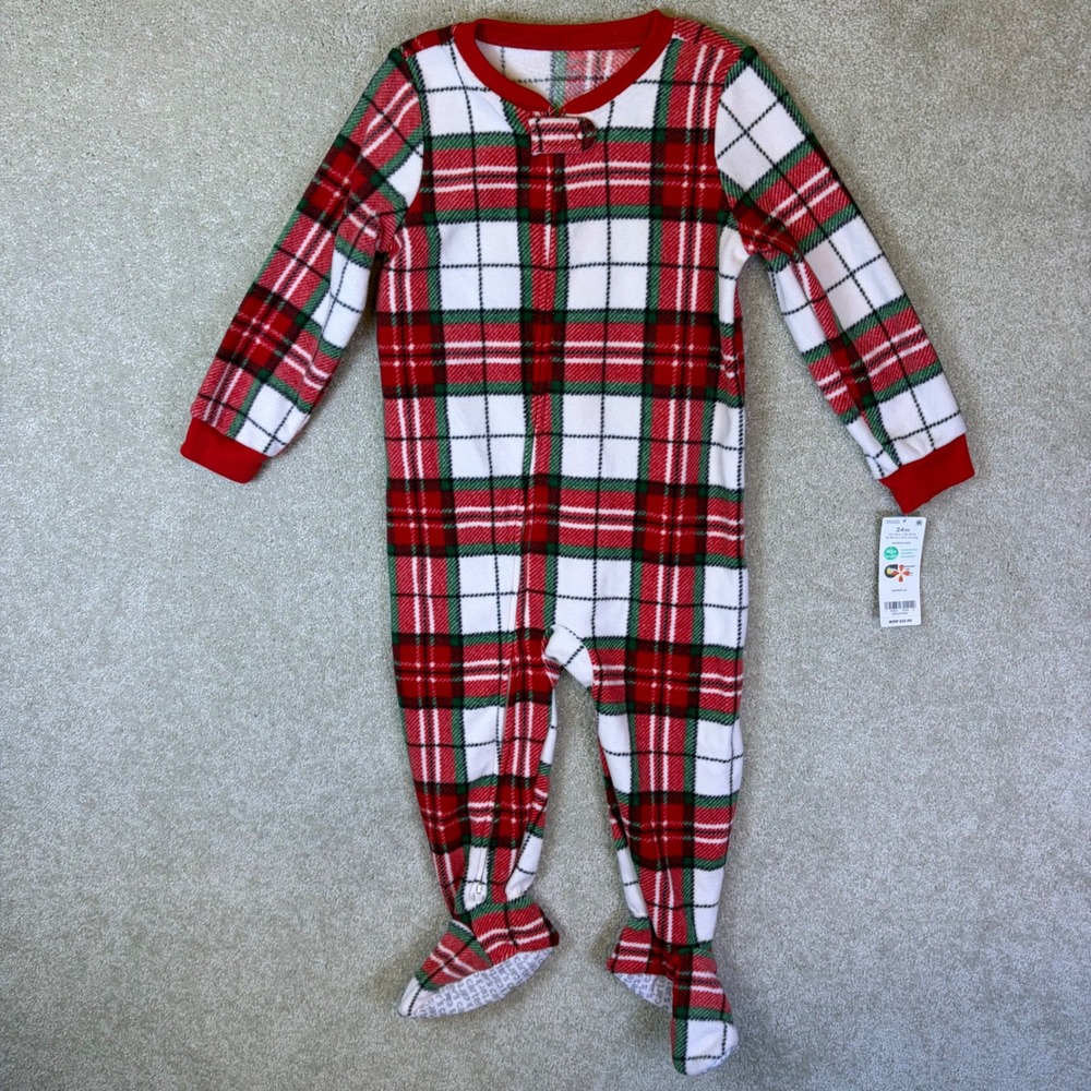 Carter's Footed Pajamas Toddler 24m Red Green White Plaid Fleece Christmas NEW